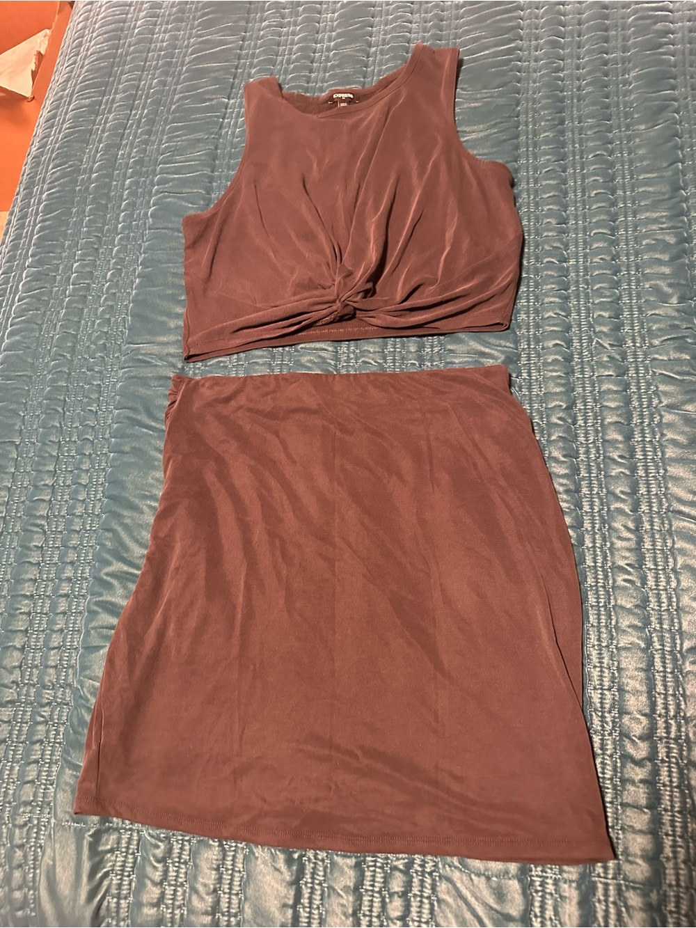 Express Grey Twist-Front Crop Top and Mini Skirt Set